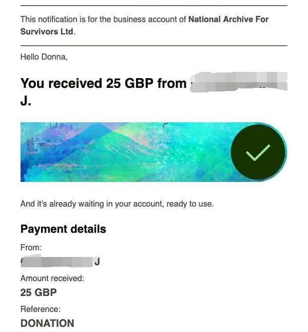 £25 donation confirmation to National Archive For Survivors Ltd.