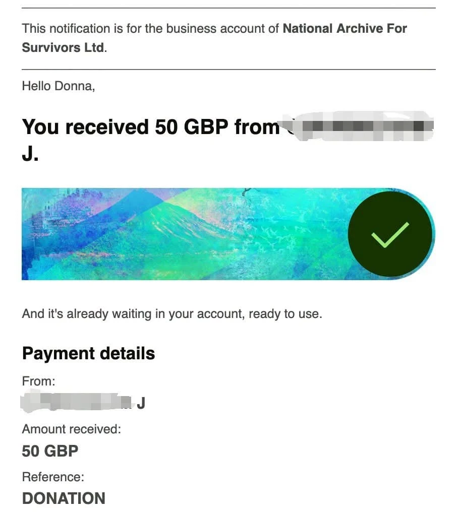 £50 donation confirmation to National Archive For Survivors Ltd.