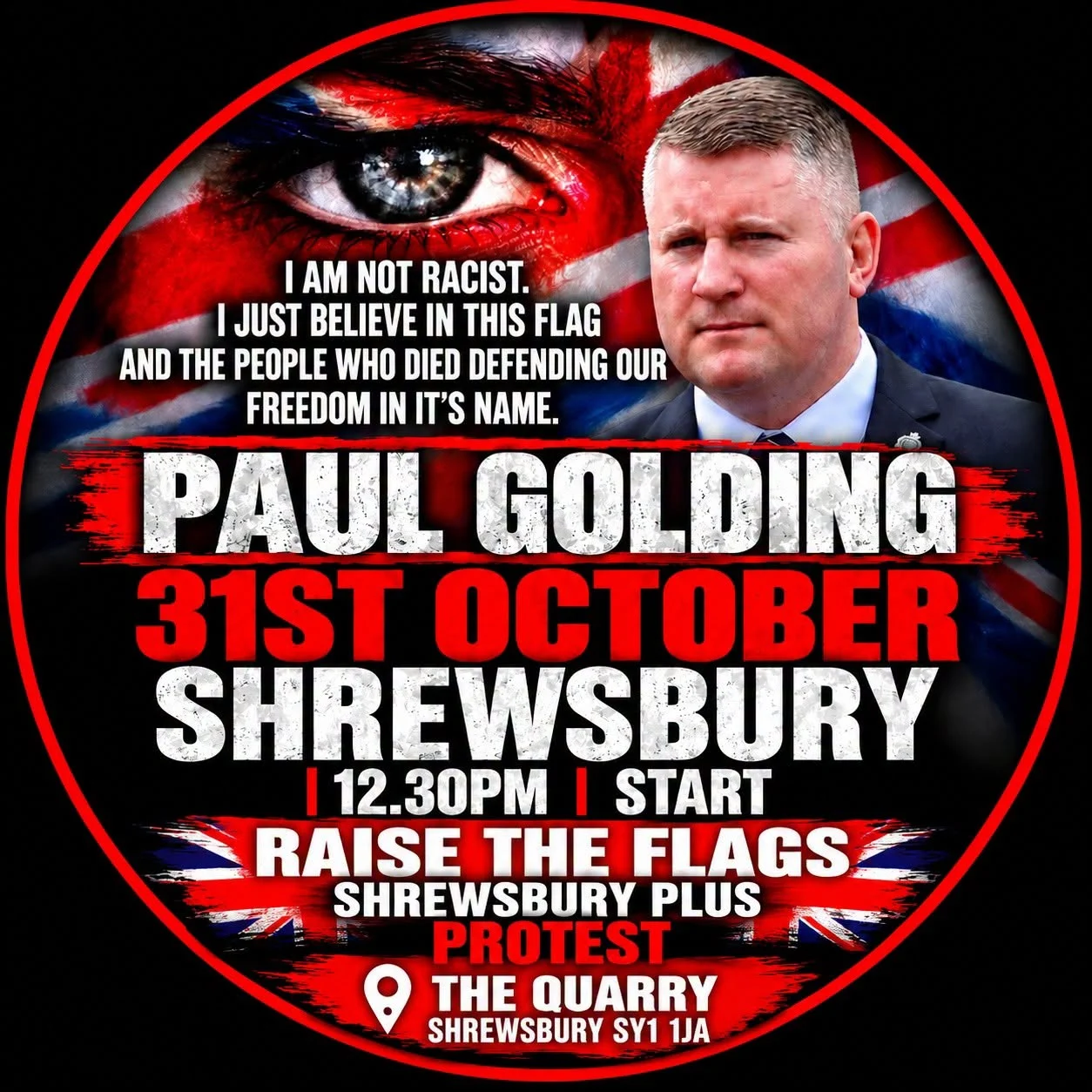 Raise The Flags Shrewsbury Plus protest poster for 31 October 2026 at The Quarry, Shrewsbury