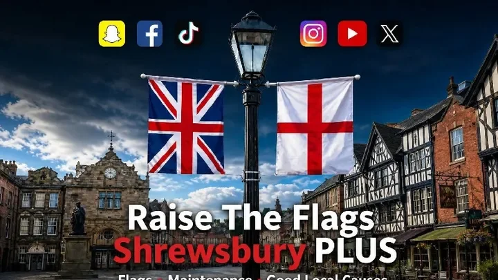Raise The Flags Shrewsbury Plus social media banner featuring Union flags